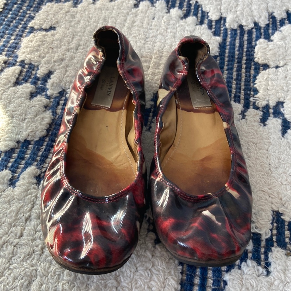 Vintage Well Loved Lanvin Ballet Shoe French Leather Floral Burgundy Purple